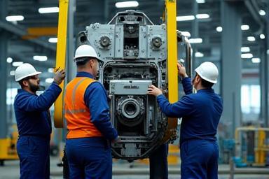 Technicians installing heavy industrial machinery in a factory